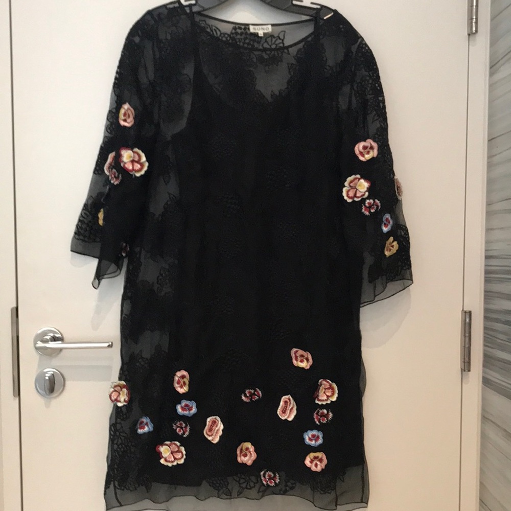 Suno black dress with embroidery and floral appliqués, size 10.
